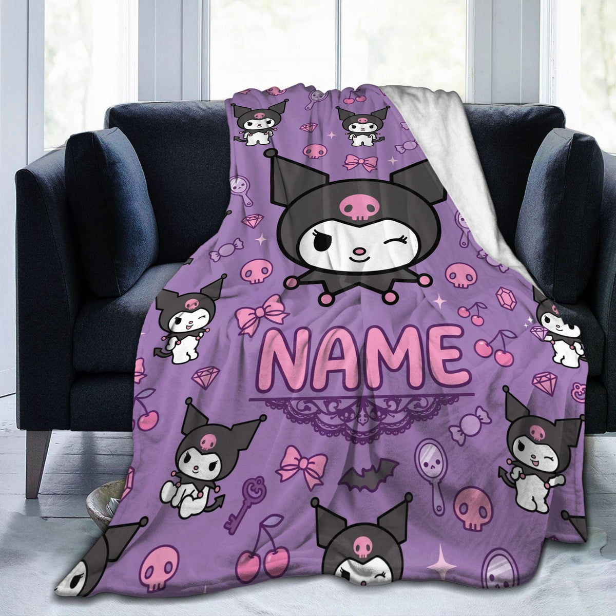 Personalized Kuromi Vanity Blanket, Custom Name Cute Pastel Throw, Kawaii Bedroom Decor, Soft Flannel Fleece, Birthday Gift for Teen Girls