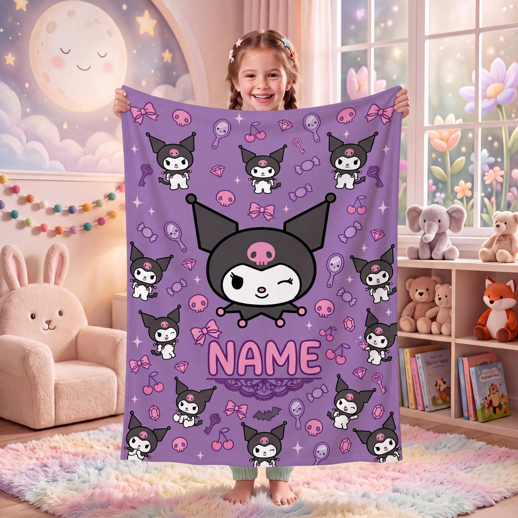 Personalized Kuromi Vanity Blanket, Custom Name Cute Pastel Throw, Kawaii Bedroom Decor, Soft Flannel Fleece, Birthday Gift for Teen Girls