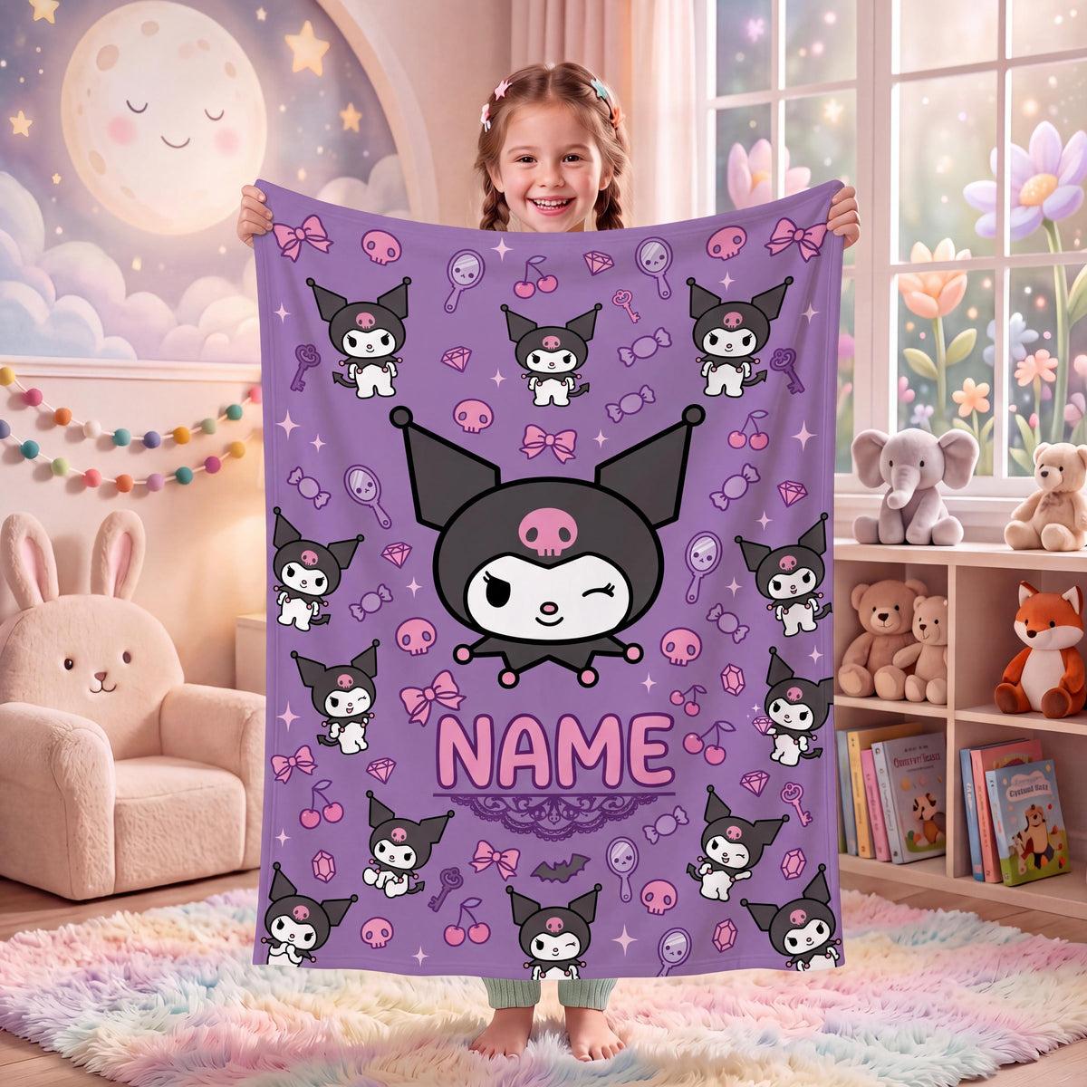 Personalized Kuromi Vanity Blanket, Custom Name Cute Pastel Throw, Kawaii Bedroom Decor, Soft Flannel Fleece, Birthday Gift for Teen Girls