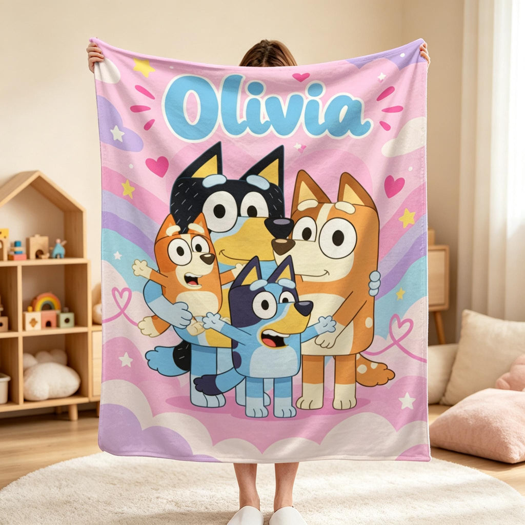 Personalized Name Blanket Custom Cartoon Heeler Dog Family Soft Cozy Fleece Throw Blanket