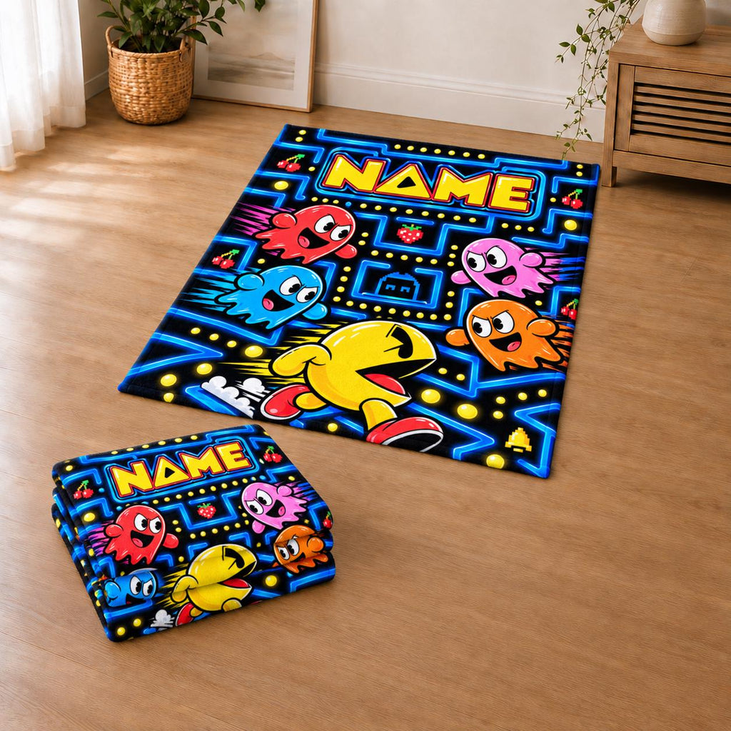 Retro Arcade Game Blanket Soft Throw, Custom Name Pixel Ghost Maze Flannel Blanket