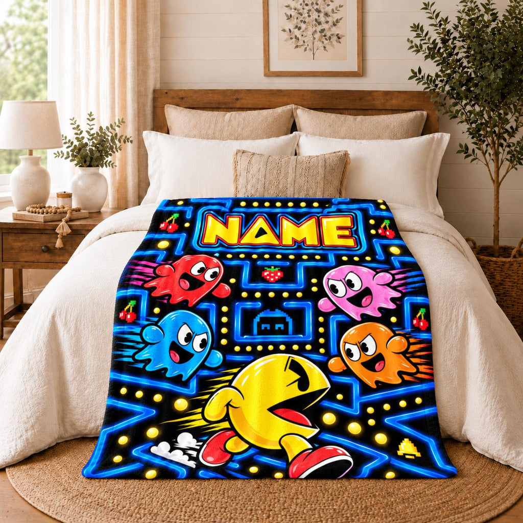 Retro Arcade Game Blanket Soft Throw, Custom Name Pixel Ghost Maze Flannel Blanket