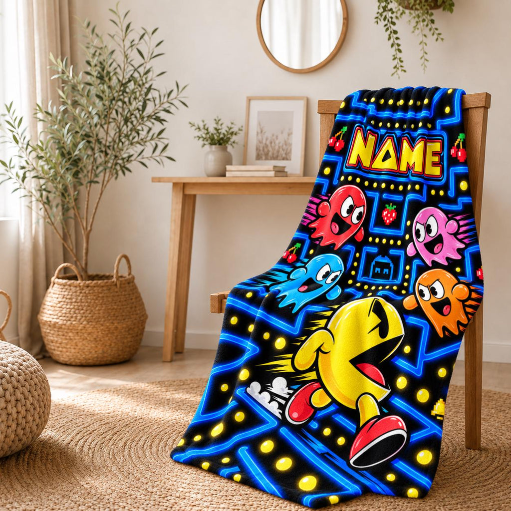 Retro Arcade Game Blanket Soft Throw, Custom Name Pixel Ghost Maze Flannel Blanket