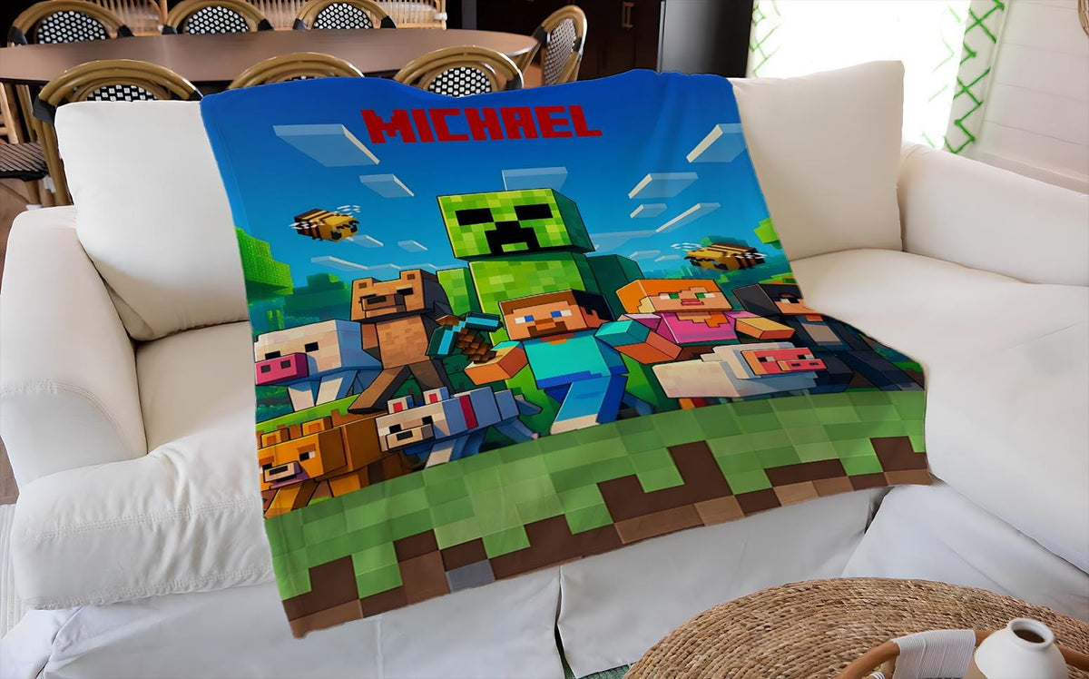 Personalized Minecraft Blanket, Custom Minecraft Throw with Name, Pixel Game Blanket, Gaming Gift for Kids, Gamer Birthday Gift,