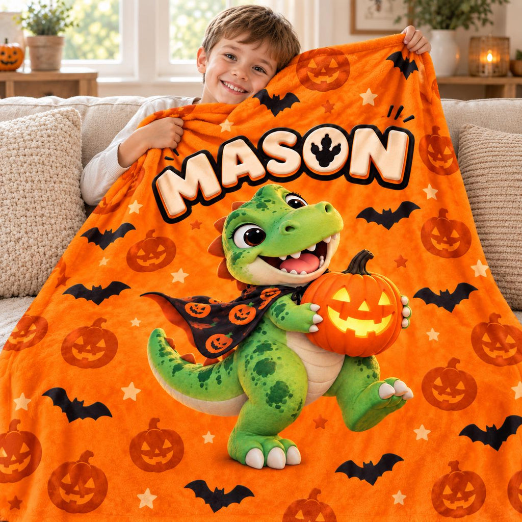 Personalized Halloween Dinosaur Blanket for Boys, Custom Name Kids Blanket