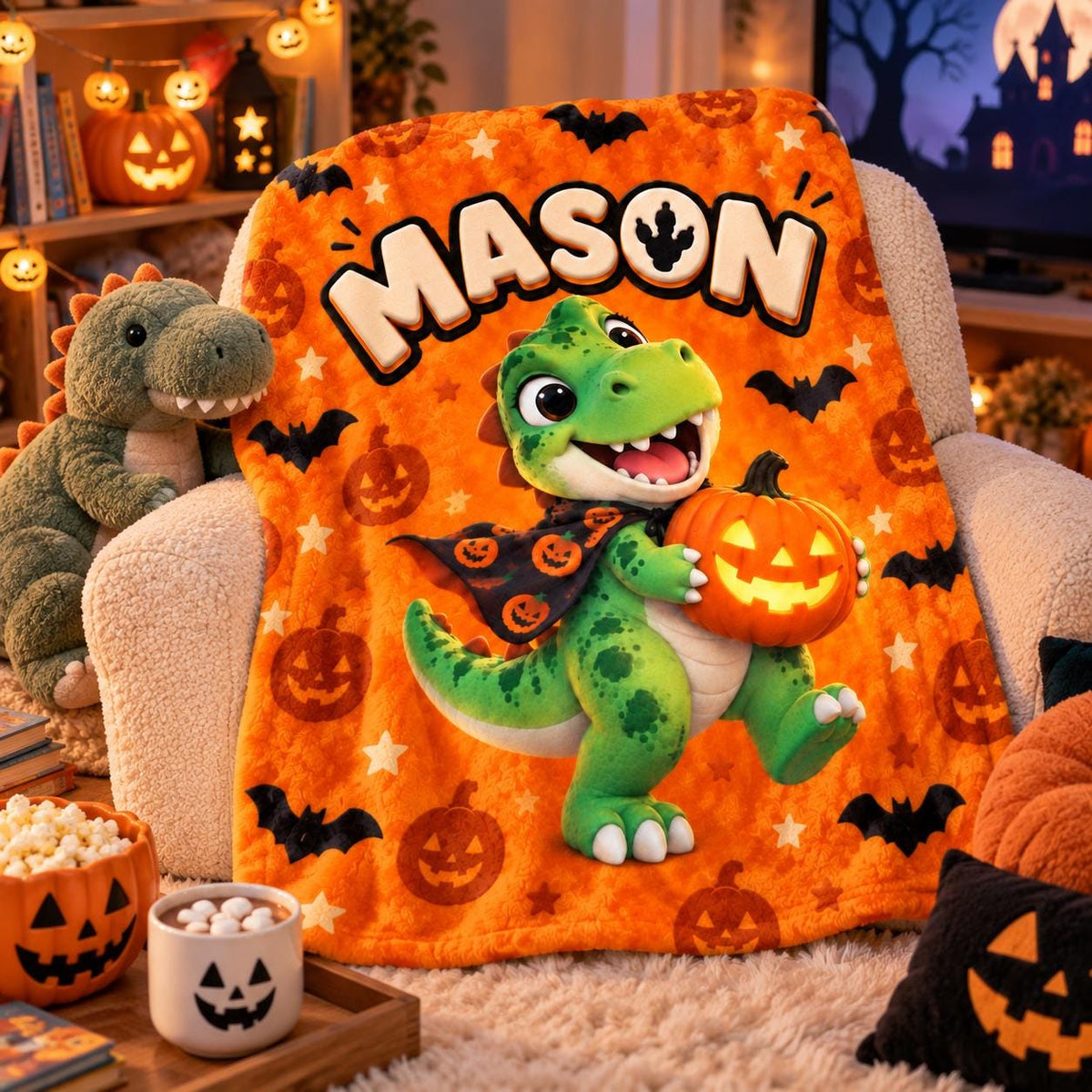 Personalized Halloween Dinosaur Blanket for Boys, Custom Name Kids Blanket