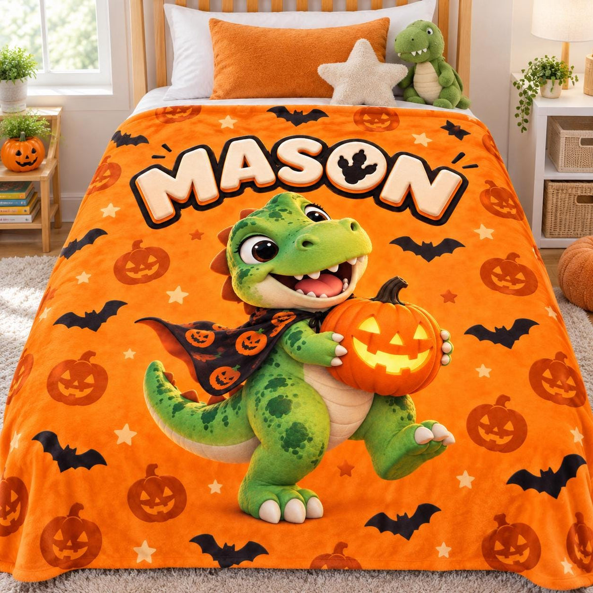 Personalized Halloween Dinosaur Blanket for Boys, Custom Name Kids Blanket