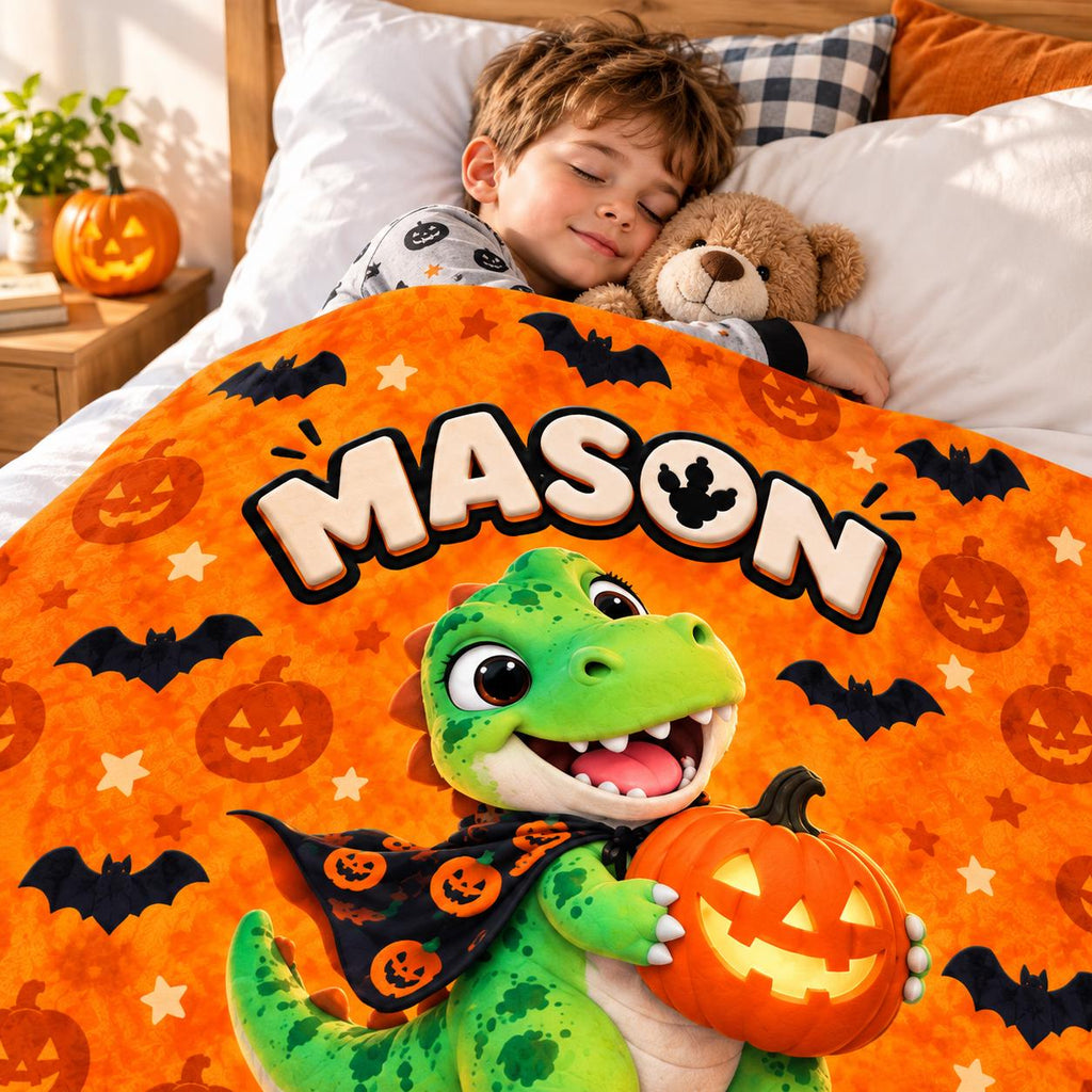 Personalized Halloween Dinosaur Blanket for Boys, Custom Name Kids Blanket