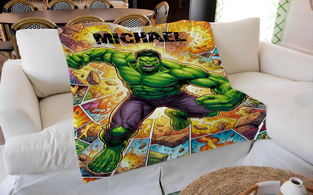 Personalized Hulk Blanket, Custom Green Superhero Throw with Name, Strong Hero Gaming Blanket, Comic Book Gift for Boys, Cozy Kids Blanket