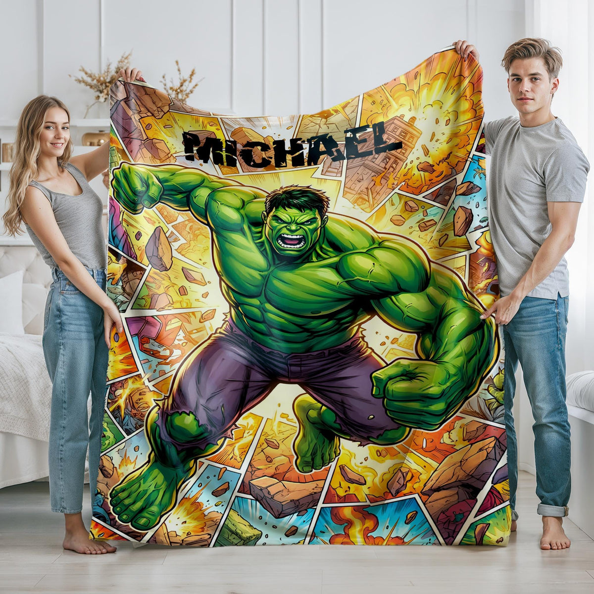 Personalized Hulk Blanket, Custom Green Superhero Throw with Name, Strong Hero Gaming Blanket, Comic Book Gift for Boys, Cozy Kids Blanket