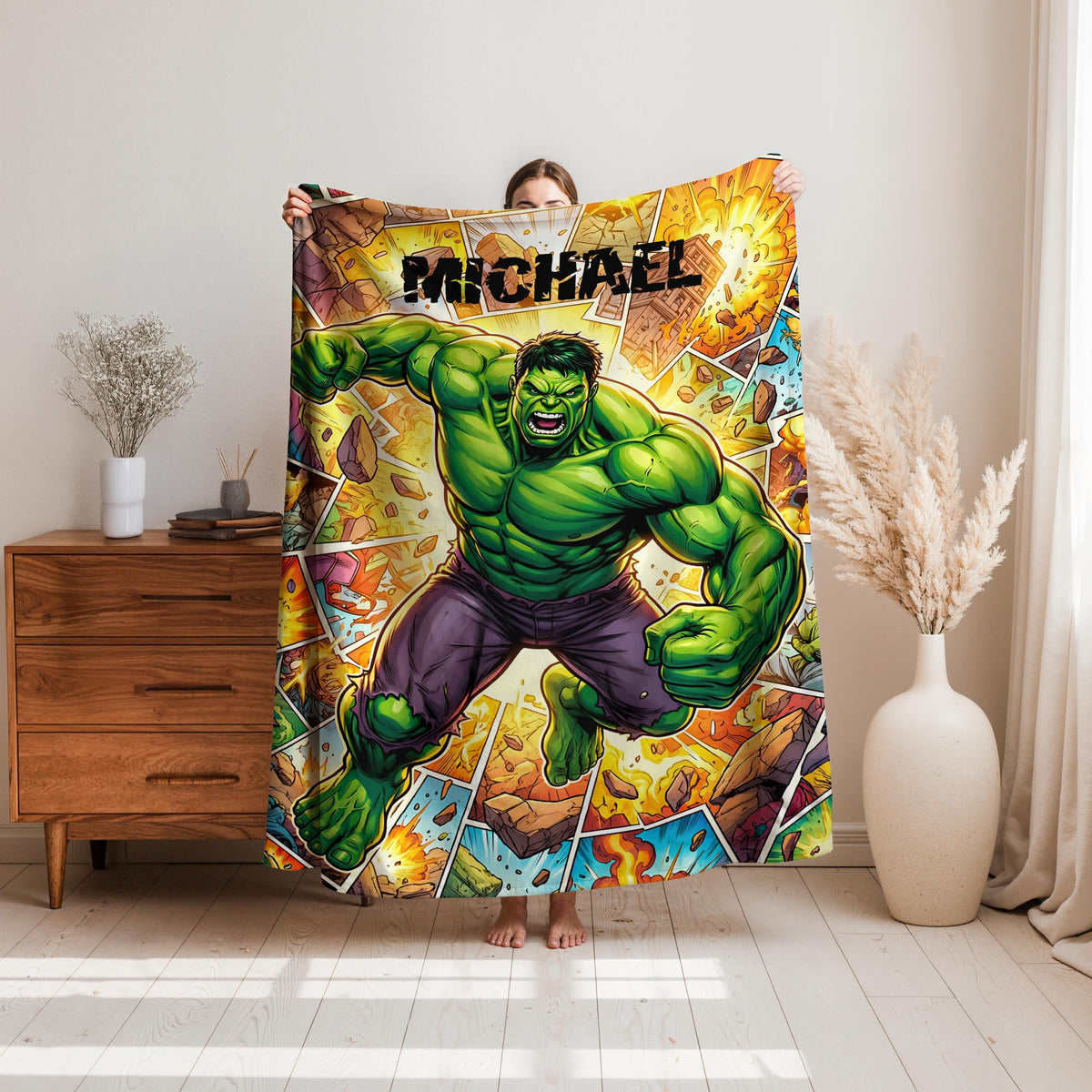 Personalized Hulk Blanket, Custom Green Superhero Throw with Name, Strong Hero Gaming Blanket, Comic Book Gift for Boys, Cozy Kids Blanket