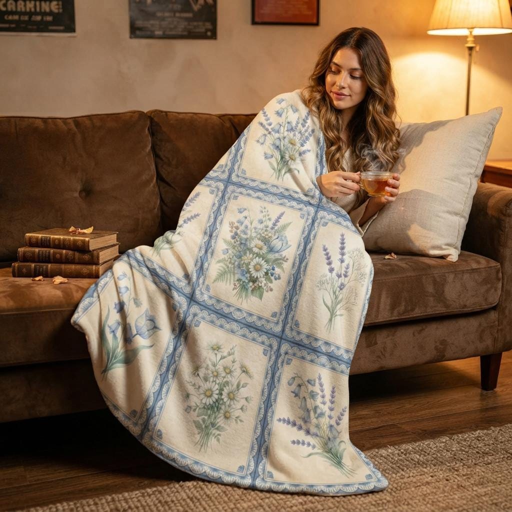 Vintage Botanical Blanket, Blue Floral Cottage Throw, Cozy Herb Garden Decor, Plant Lover Gift, Soft Fall Flannel
