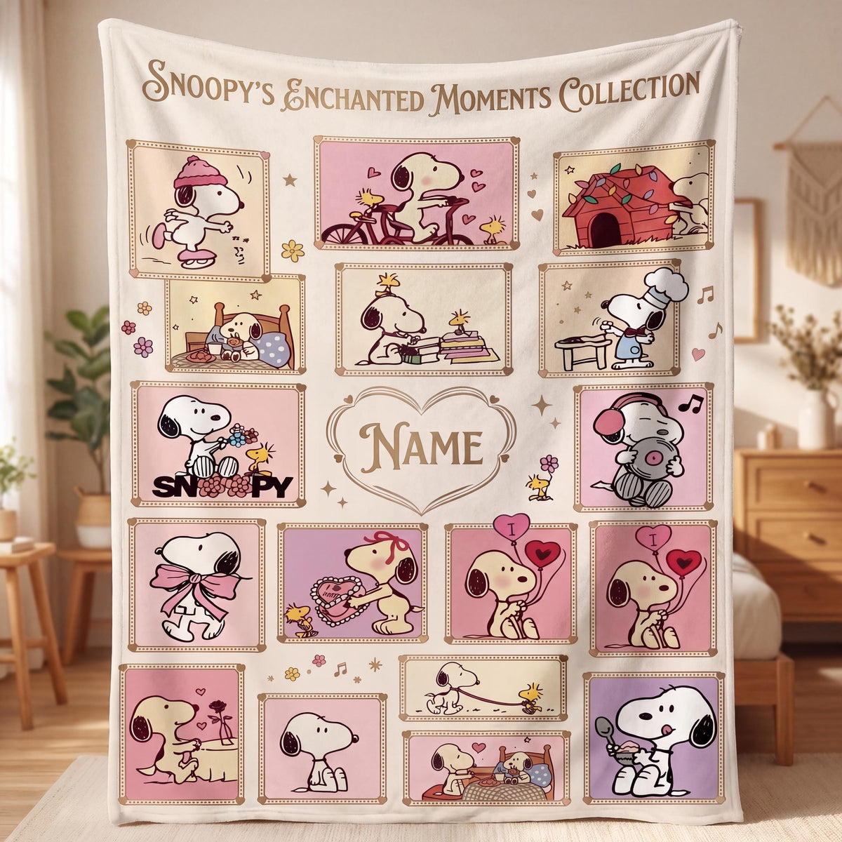 Cute Pink Snoopy Blanket, Peanuts Enchanted Moments Flannel Throw, Cozy Room Decor Gift for Daughter, Custom Name Bedspread