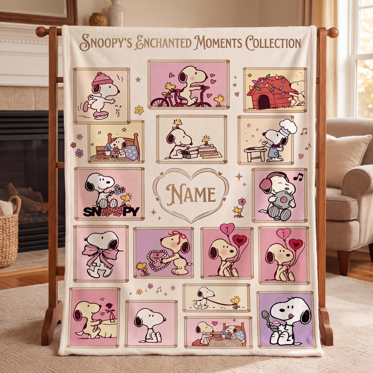 Cute Pink Snoopy Blanket, Peanuts Enchanted Moments Flannel Throw, Cozy Room Decor Gift for Daughter, Custom Name Bedspread