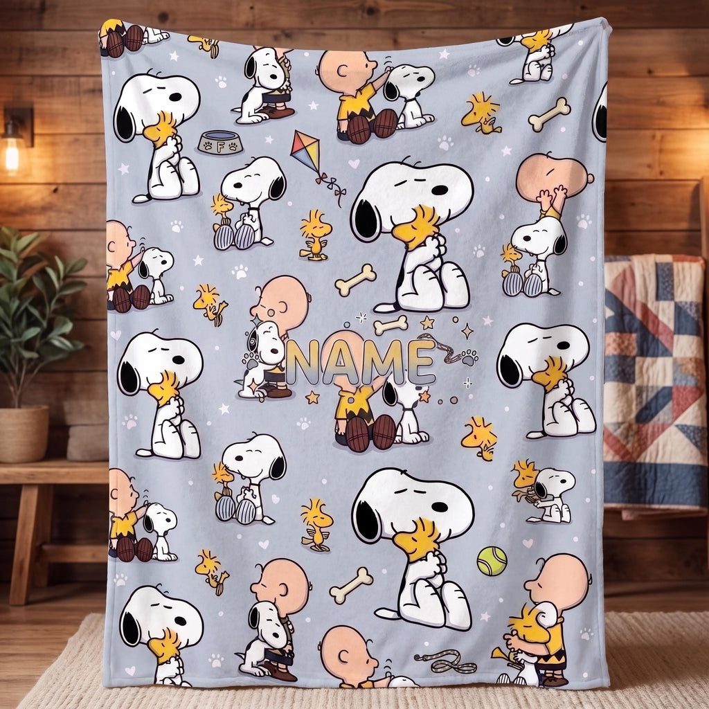 Cute Blue Snoopy Blanket, Peanuts Charlie Brown Flannel Throw, Cozy Room Decor Gift for Bestie, Custom Name Bedspread