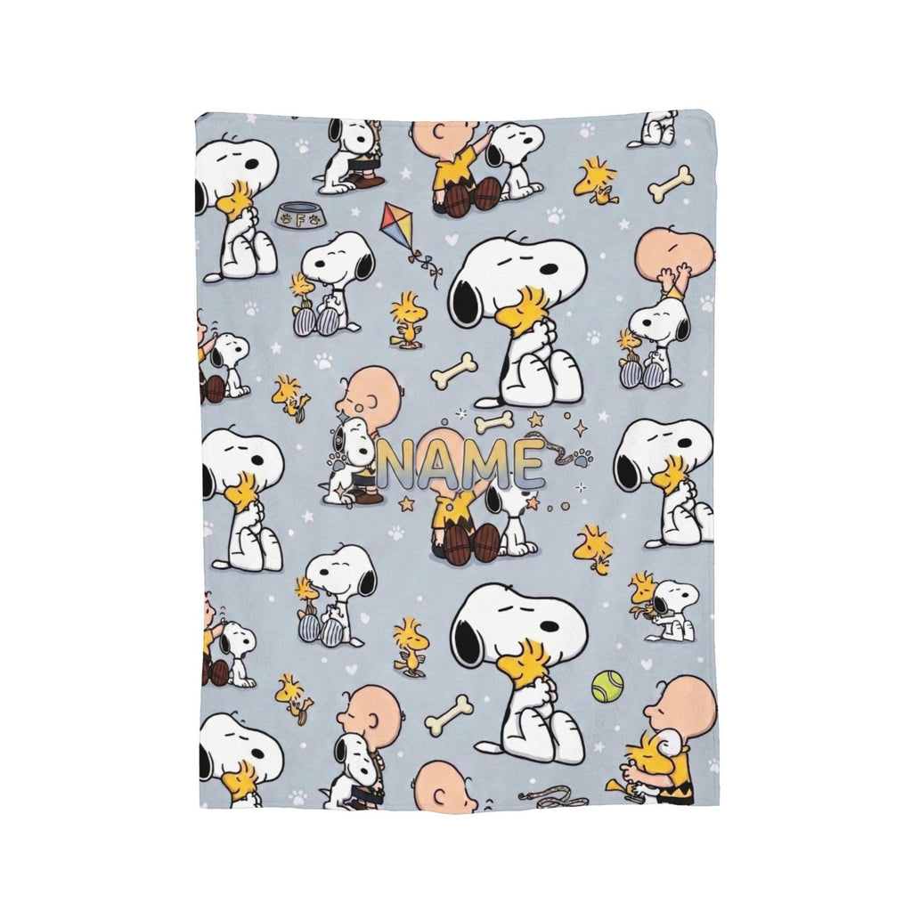 Cute Blue Snoopy Blanket, Peanuts Charlie Brown Flannel Throw, Cozy Room Decor Gift for Bestie, Custom Name Bedspread