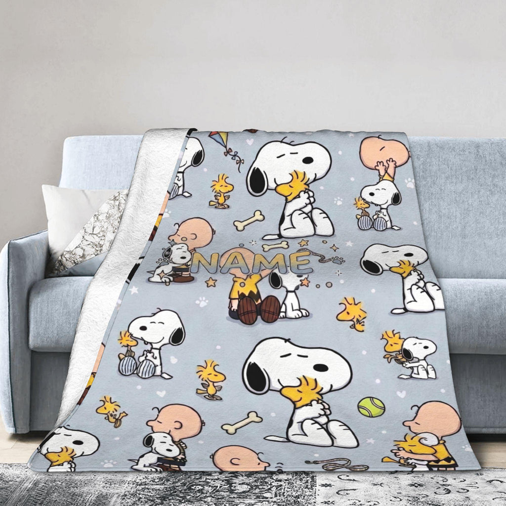 Cute Blue Snoopy Blanket, Peanuts Charlie Brown Flannel Throw, Cozy Room Decor Gift for Bestie, Custom Name Bedspread
