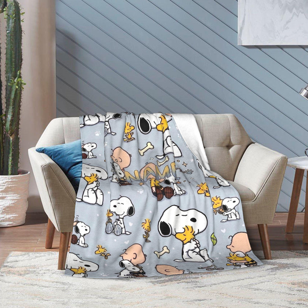 Cute Blue Snoopy Blanket, Peanuts Charlie Brown Flannel Throw, Cozy Room Decor Gift for Bestie, Custom Name Bedspread