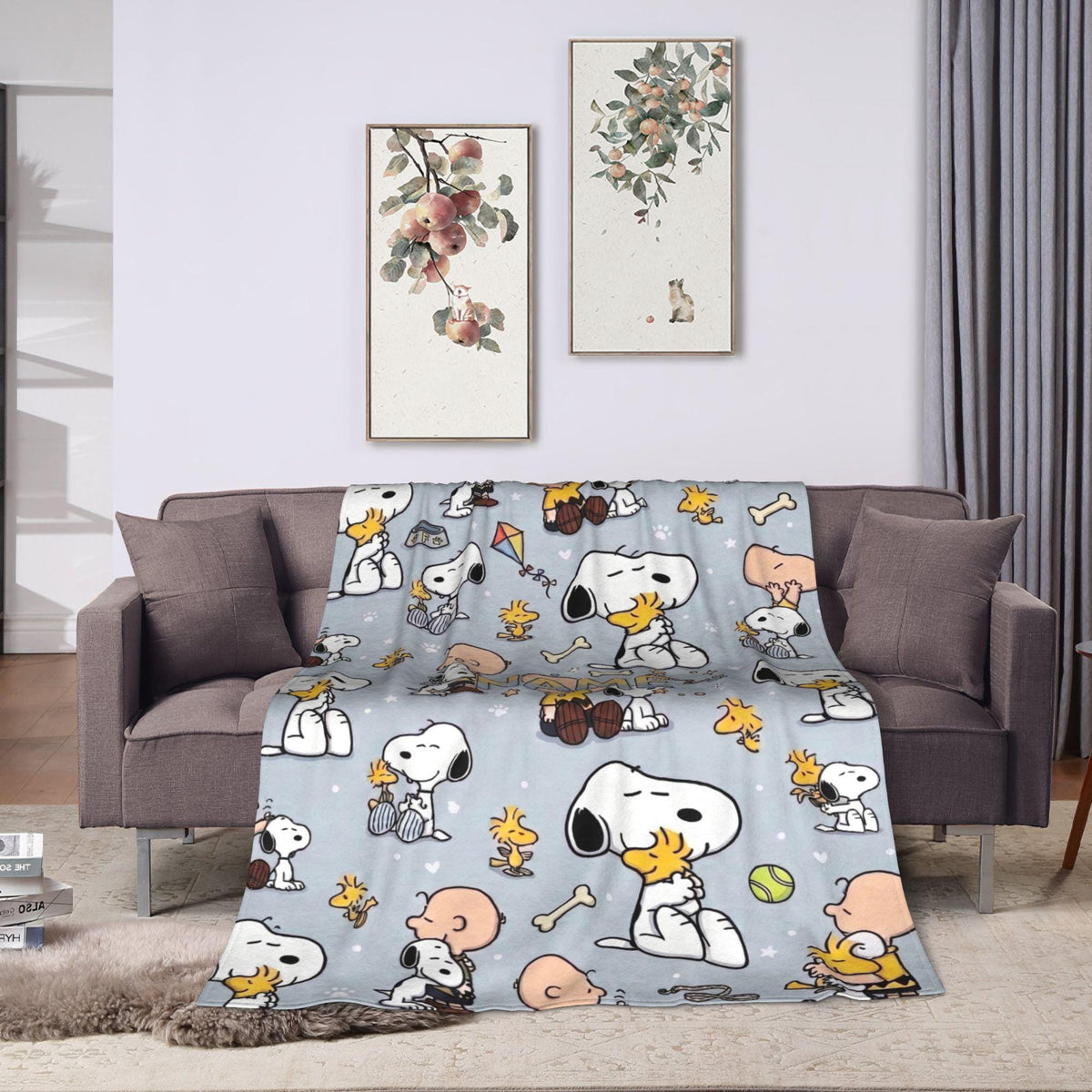 Cute Blue Snoopy Blanket, Peanuts Charlie Brown Flannel Throw, Cozy Room Decor Gift for Bestie, Custom Name Bedspread