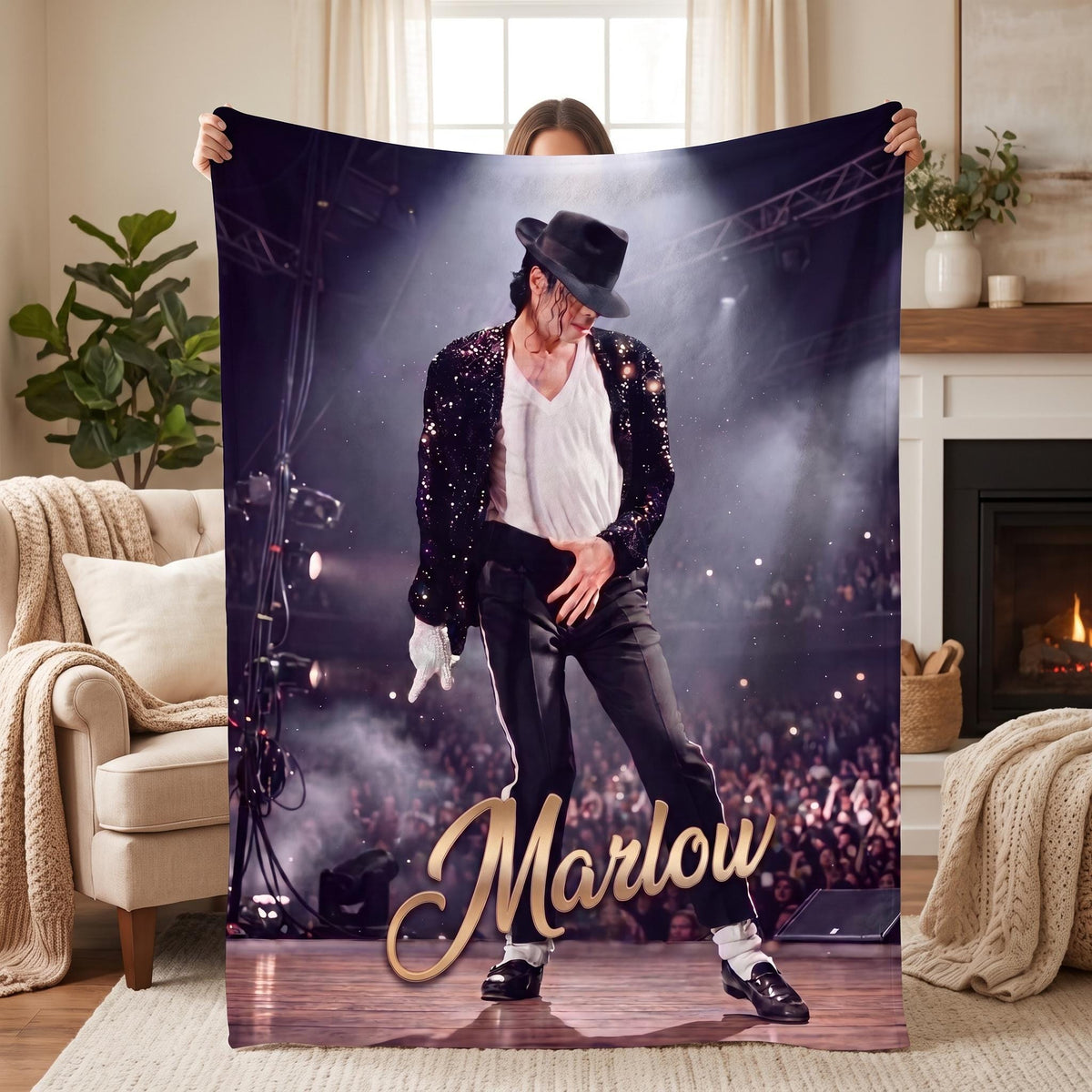 Personalized Michael Jackson Blanket, Custom Name Music Legend Throw, Retro Dancer Fleece, Gift for Music Lover, Vintage Stage Art Bedding
