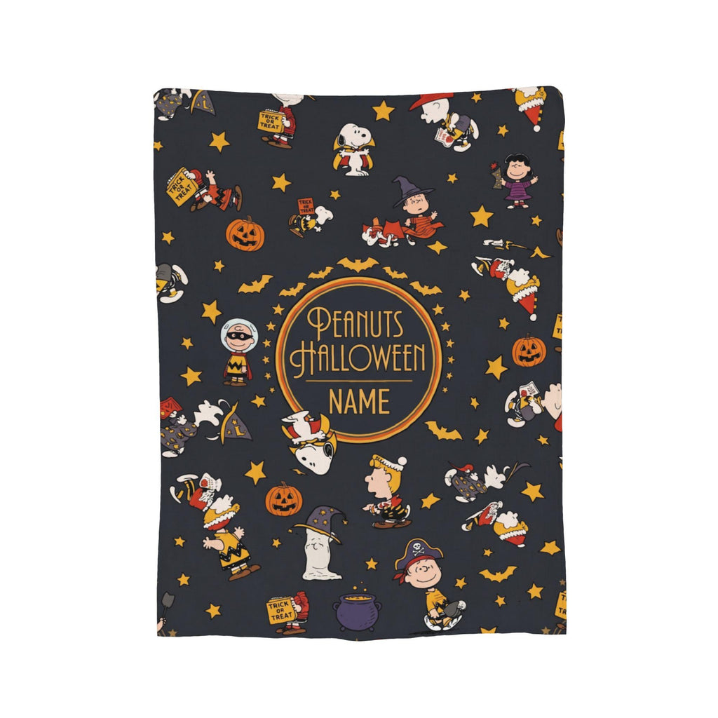 Snoopy Halloween Blanket, Peanuts Trick Or Treat Flannel Throw, Spooky Room Decor Gift for Kids, Custom Name Bedspread