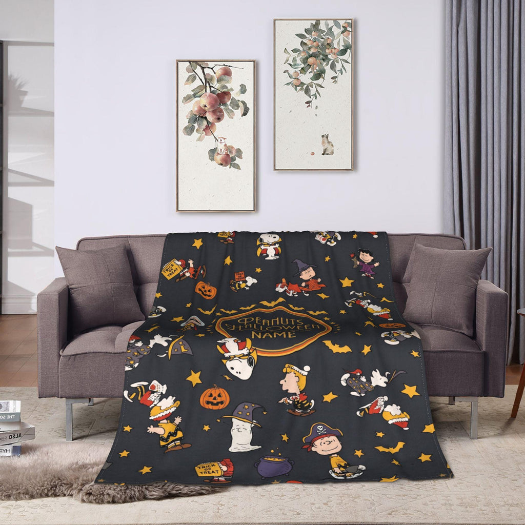 Snoopy Halloween Blanket, Peanuts Trick Or Treat Flannel Throw, Spooky Room Decor Gift for Kids, Custom Name Bedspread