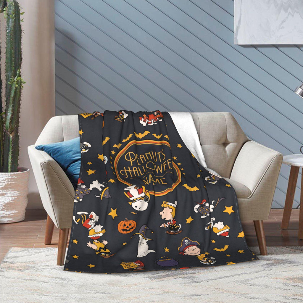 Snoopy Halloween Blanket, Peanuts Trick Or Treat Flannel Throw, Spooky Room Decor Gift for Kids, Custom Name Bedspread