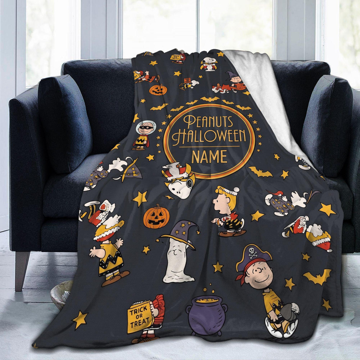 Snoopy Halloween Blanket, Peanuts Trick Or Treat Flannel Throw, Spooky Room Decor Gift for Kids, Custom Name Bedspread