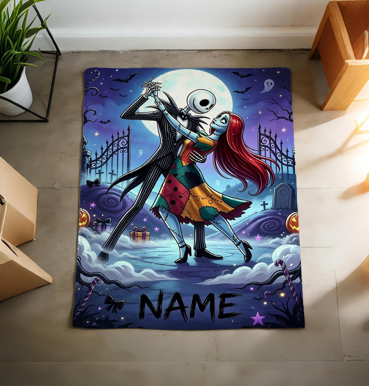 The Nightmare Before Christmas Blanket, Personalized Jack Skellington & Sally Halloween Flannel Throw, Custom Name Gift