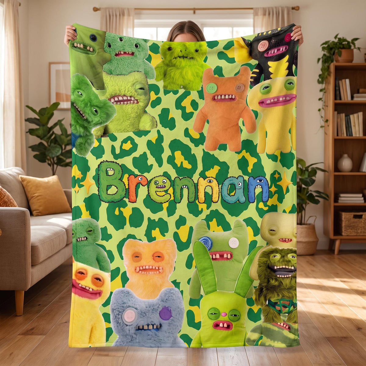 Personalized Funny Monster Blanket, Custom Name Ugly Cute Creature Throw,Quirky Alien Birthday Gift for Boys, Funny Tooth Room Decor