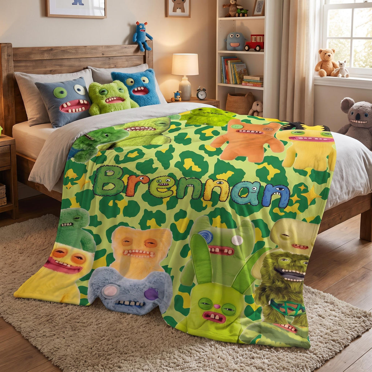 Personalized Funny Monster Blanket, Custom Name Ugly Cute Creature Throw,Quirky Alien Birthday Gift for Boys, Funny Tooth Room Decor