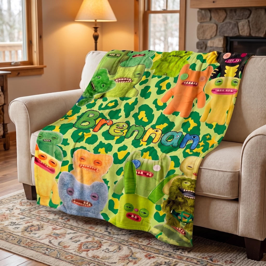 Personalized Funny Monster Blanket, Custom Name Ugly Cute Creature Throw,Quirky Alien Birthday Gift for Boys, Funny Tooth Room Decor