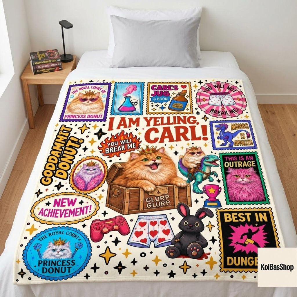 I Am Yelling Carl Blanket, Princess Donut Blanket, Dungeon Crawler Carl Bookish Throw with Colorful Quote Stamps, LitRPG Fan Gift