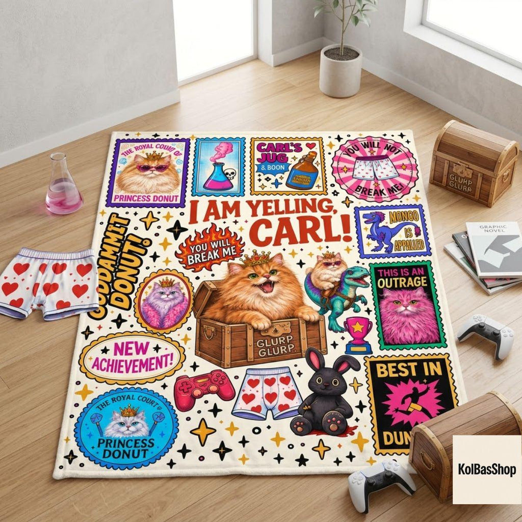 I Am Yelling Carl Blanket, Princess Donut Blanket, Dungeon Crawler Carl Bookish Throw with Colorful Quote Stamps, LitRPG Fan Gift