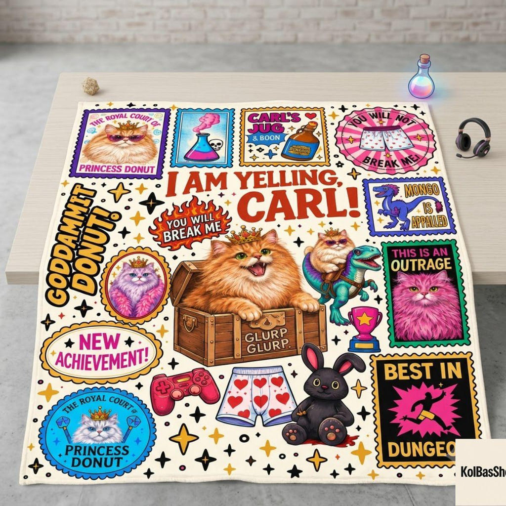 I Am Yelling Carl Blanket, Princess Donut Blanket, Dungeon Crawler Carl Bookish Throw with Colorful Quote Stamps, LitRPG Fan Gift