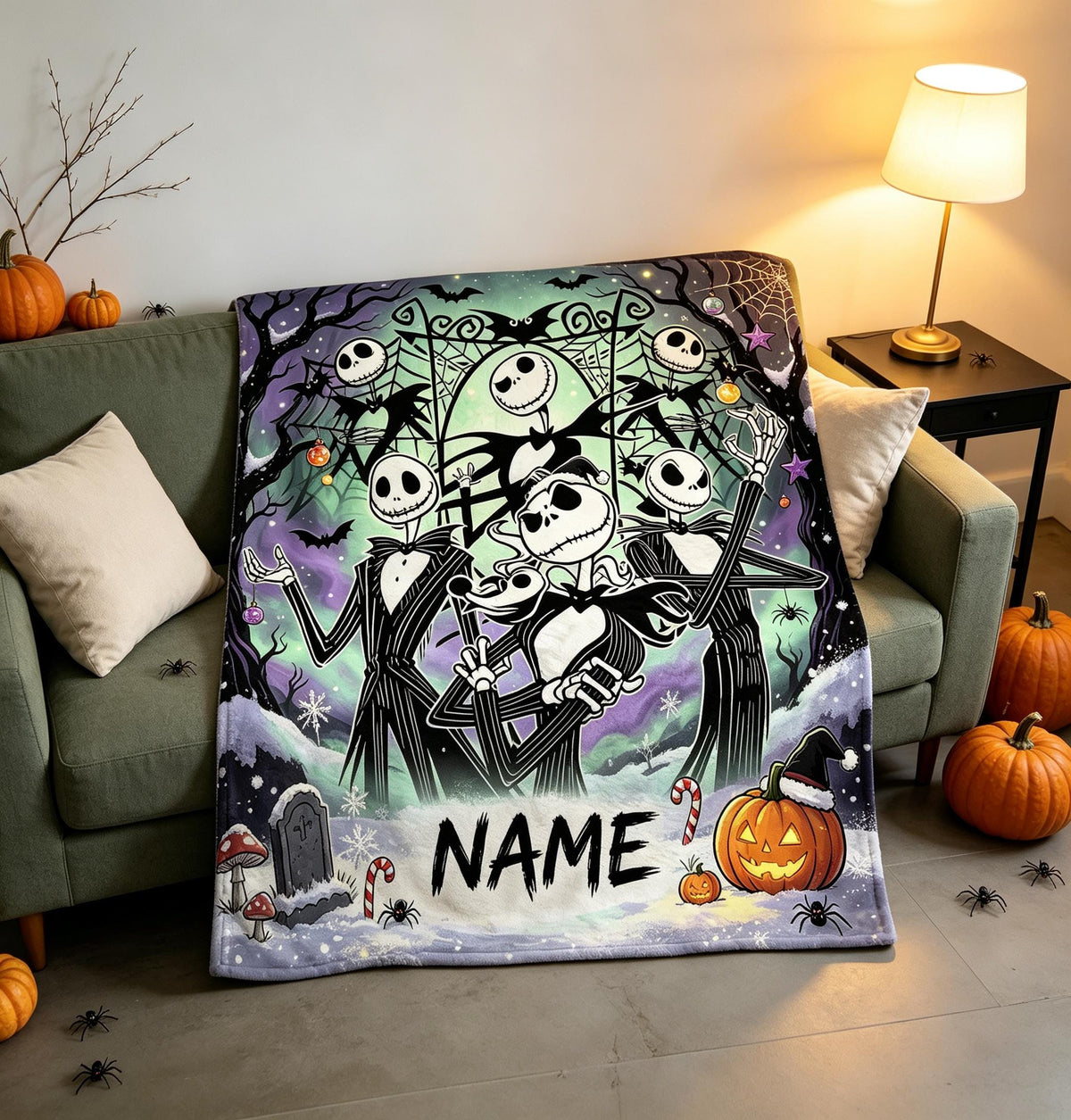 The Nightmare Before Christmas Blanket, Personalized Jack Skellington & Sally Halloween Flannel Throw, Custom Name Gift