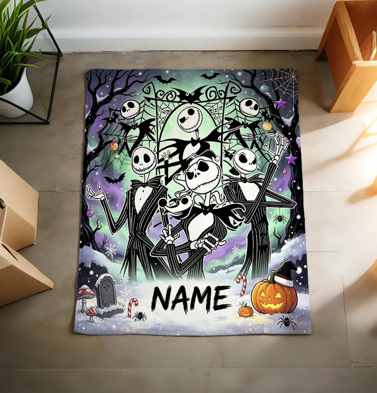 The Nightmare Before Christmas Blanket, Personalized Jack Skellington & Sally Halloween Flannel Throw, Custom Name Gift