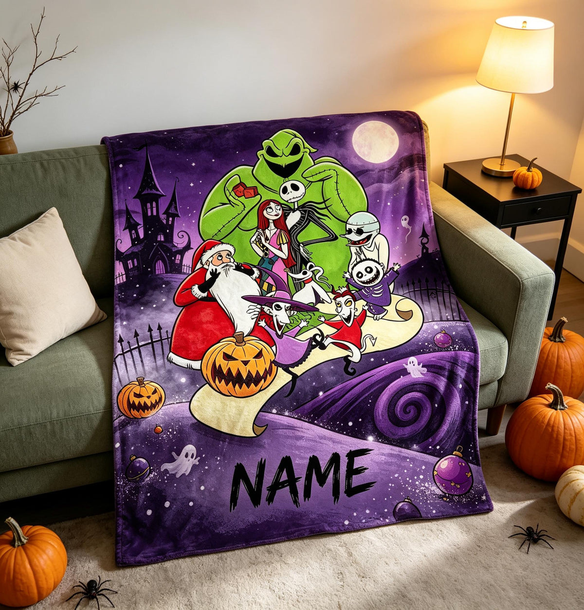 The Nightmare Before Christmas Blanket, Personalized Jack Skellington & Sally Halloween Flannel Throw, Custom Name Gift