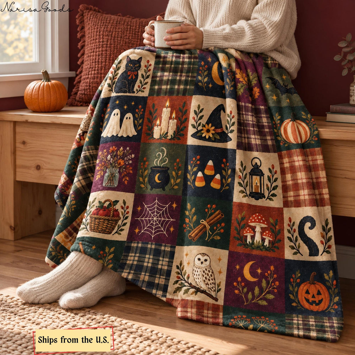 Vintage Halloween Flannel Blanket, Patchwork Print with Ghosts, Black Cat and Pumpkins, Cottagecore Fall Throw