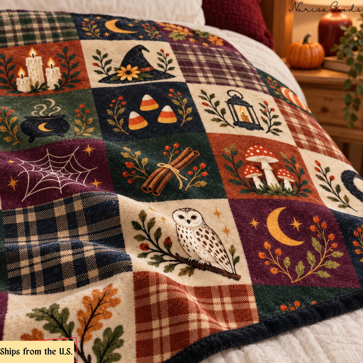 Vintage Halloween Flannel Blanket, Patchwork Print with Ghosts, Black Cat and Pumpkins, Cottagecore Fall Throw