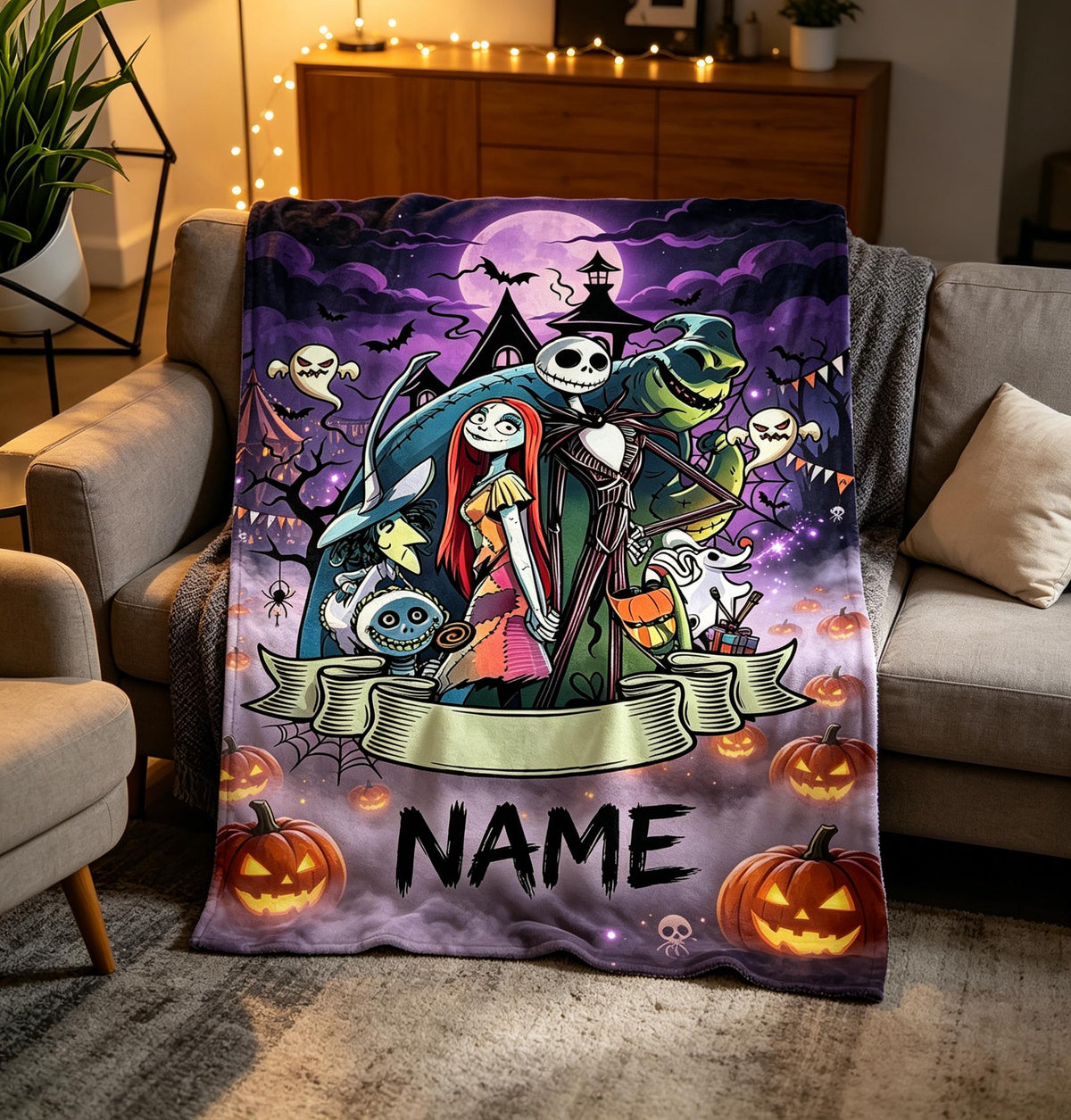 The Nightmare Before Christmas Blanket, Personalized Jack Skellington & Sally Halloween Flannel Throw, Custom Name Gift