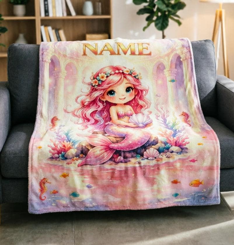 Pink Mermaid Custom Name Blanket Soft Throw, Unique Magical Kid Present