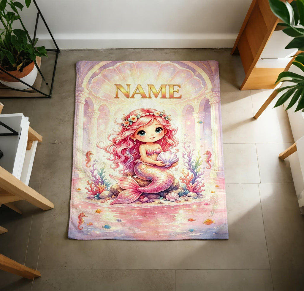 Pink Mermaid Custom Name Blanket Soft Throw, Unique Magical Kid Present