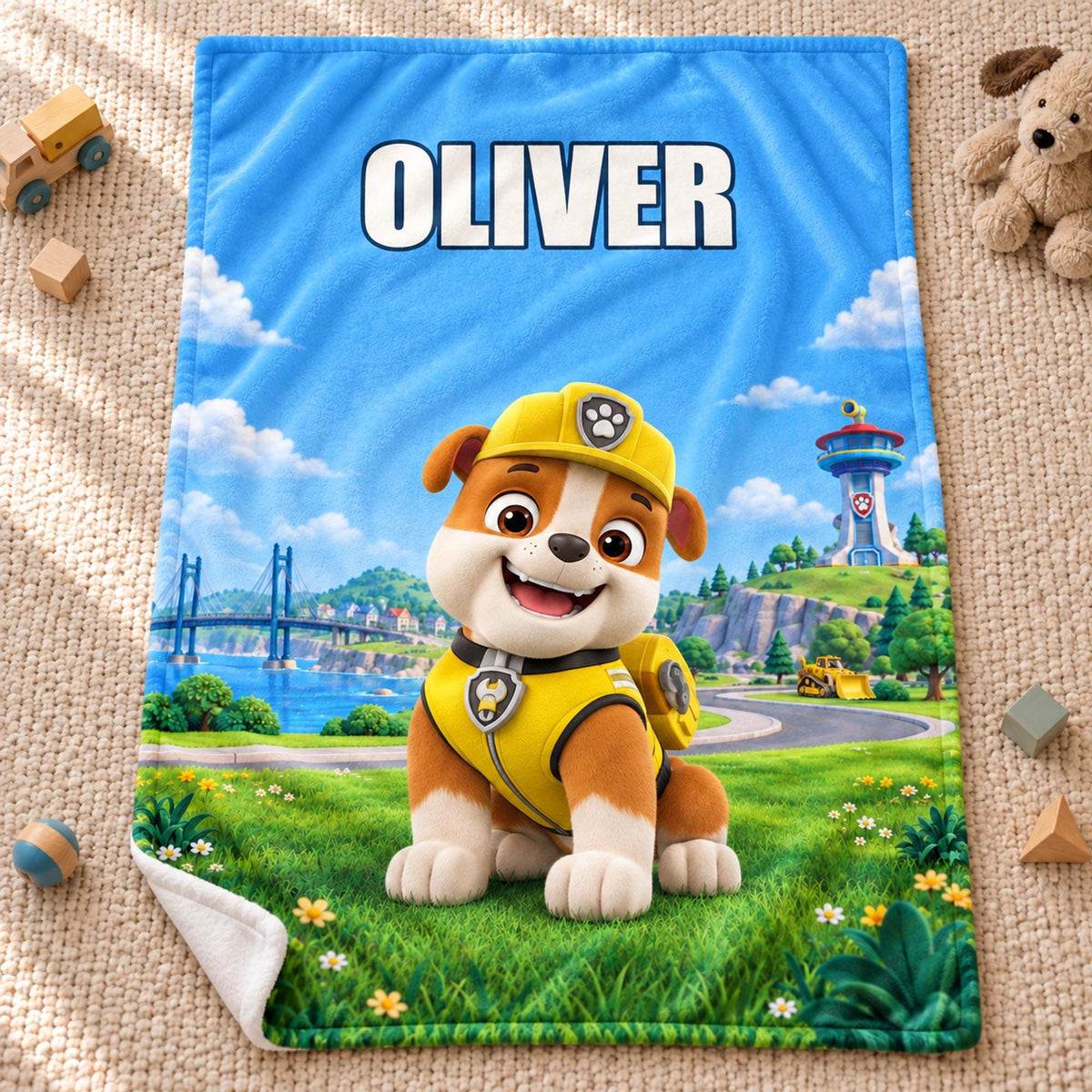Personalized Construction Puppy Rubble Blanket, Custom Name Flannel Throw for Kids, Birthday Gift
