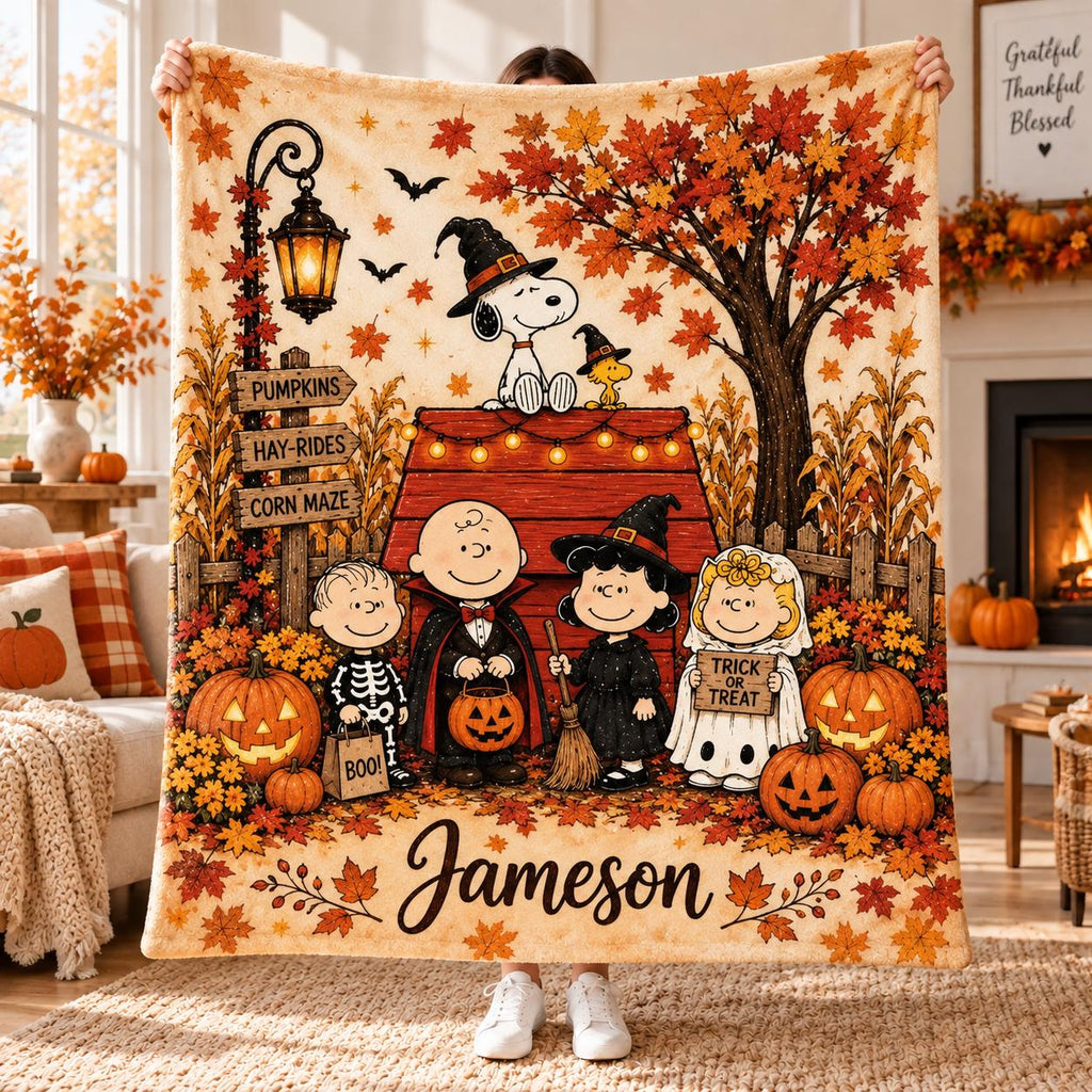 Personalized Dog Micro Fleece Blanket, Fall Halloween Blanket, Autumn Pumpkin Blanket,Custom Name Blanket, Cute Dog Blanket, Seasonal Gift