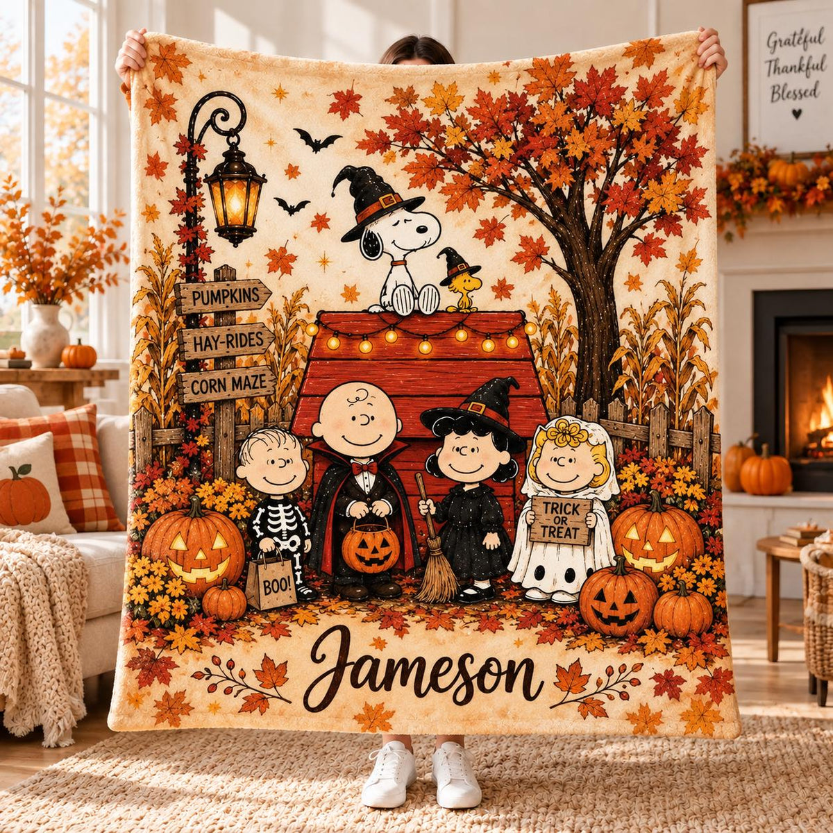 Personalized Dog Micro Fleece Blanket, Fall Halloween Blanket, Autumn Pumpkin Blanket,Custom Name Blanket, Cute Dog Blanket, Seasonal Gift