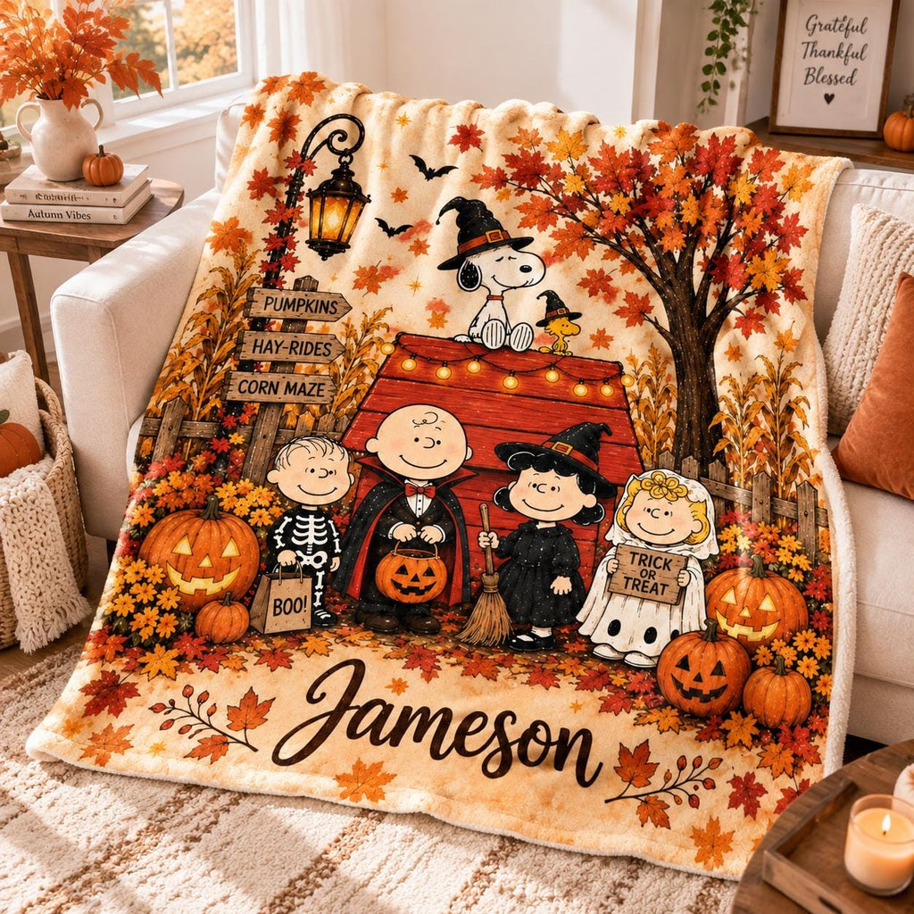 Personalized Dog Micro Fleece Blanket, Fall Halloween Blanket, Autumn Pumpkin Blanket,Custom Name Blanket, Cute Dog Blanket, Seasonal Gift