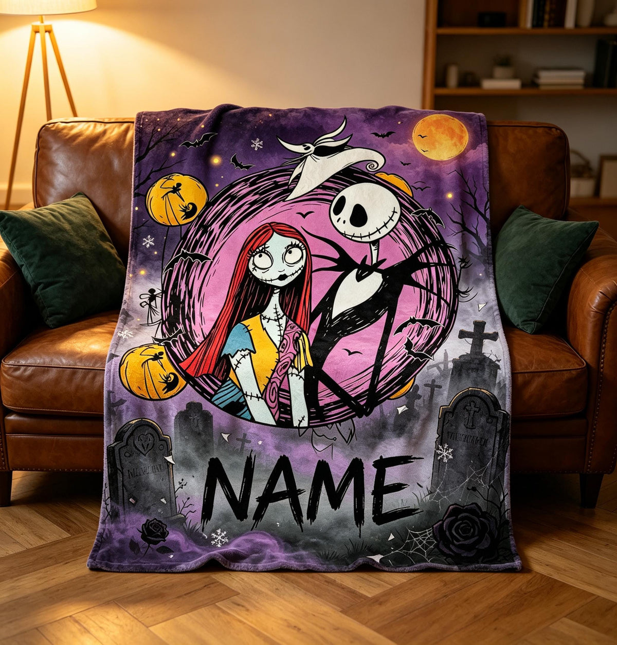 The Nightmare Before Christmas Blanket, Personalized Jack Skellington & Sally Halloween Flannel Throw, Custom Name Gift