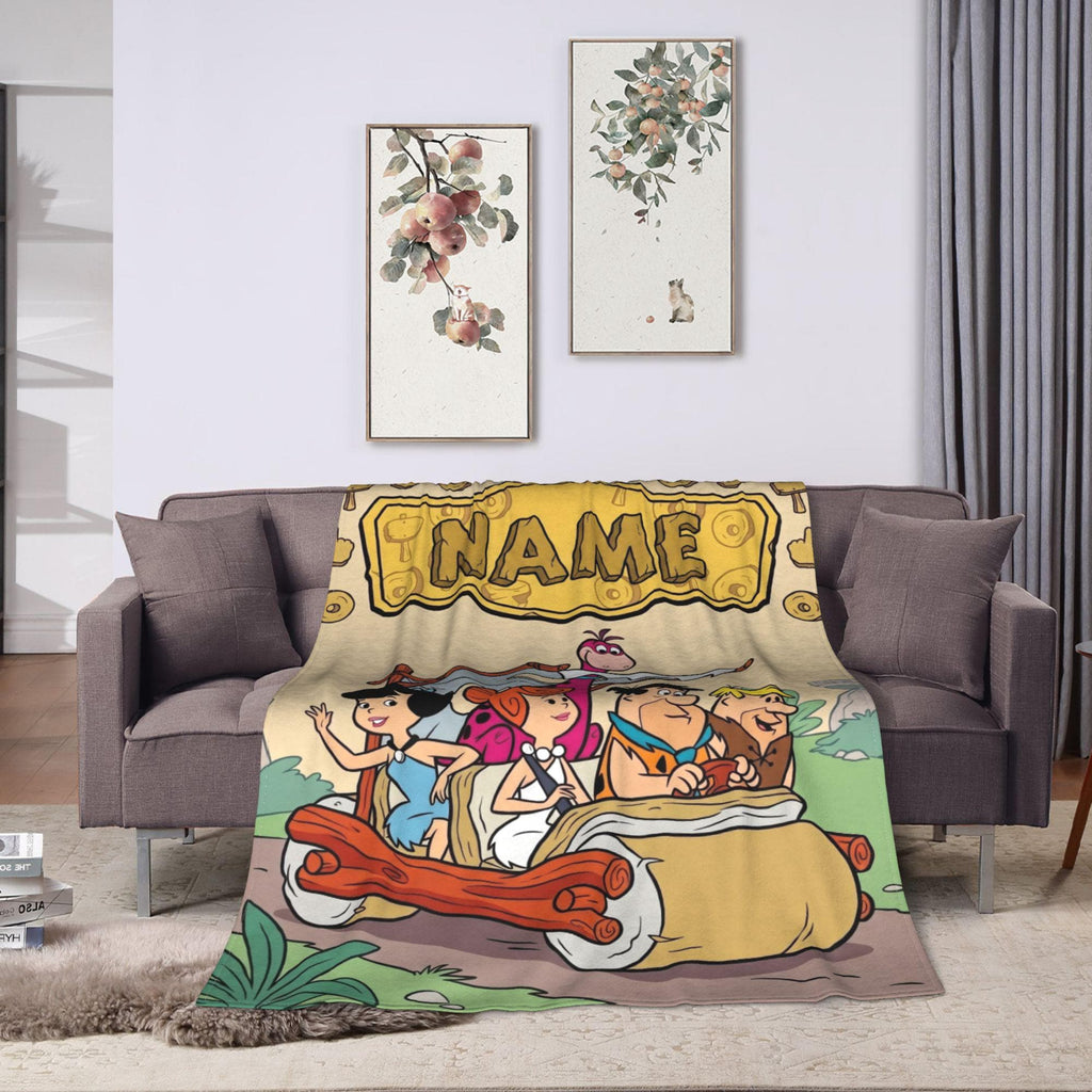 Personalized Foot-Powered Stone Car Flannel Blanket, Custom Prehistoric Ride Throw, Vintage Cartoon Bedding, Road Trip Gift for Family
