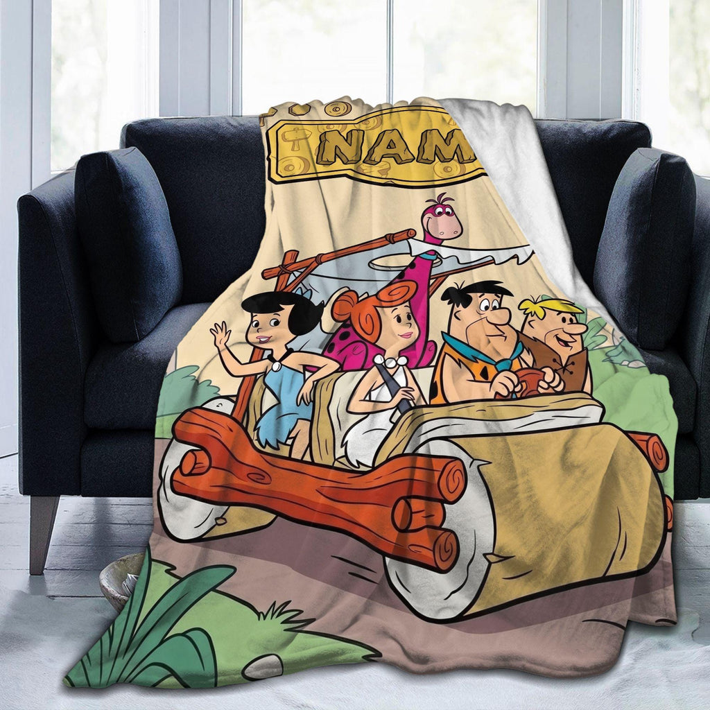 Personalized Foot-Powered Stone Car Flannel Blanket, Custom Prehistoric Ride Throw, Vintage Cartoon Bedding, Road Trip Gift for Family